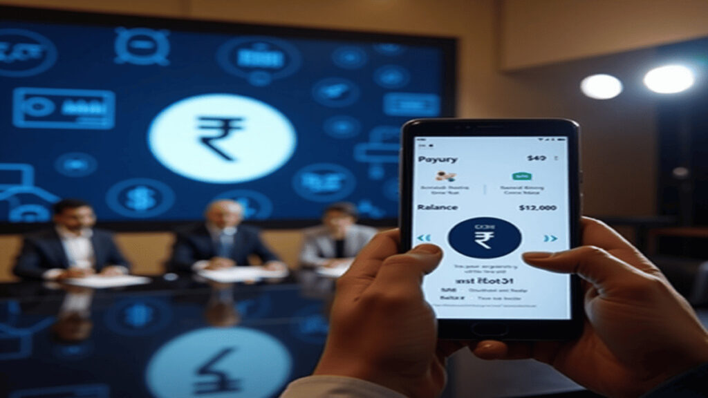 भारतीय रिज़र्व बैंक के गवर्नर Digital Rupee (CBDC) लॉन्च की घोषणा करते हुए, मोबाइल स्क्रीन पर e₹ सिंबल दिखाते हुए"