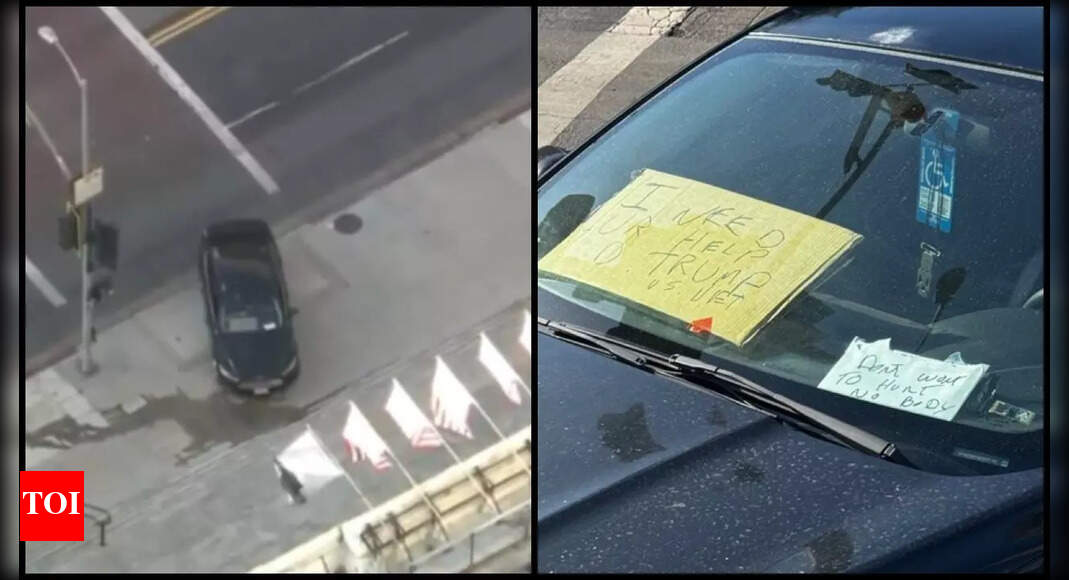 ‘मुझे आपकी सहायता की आवश्यकता है’: लॉस एंजिल्स की नगर परिषद के राम वाहन चरण; कार्डबोर्ड साइन में डोनाल्ड ट्रम्प के लिए एक संदेश है