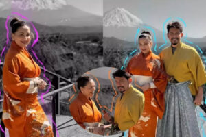 जापान में छुट्टियाँ मना रही हैं माधुरी दीक्षित, पृष्ठभूमि में माउंट फ़ूजी के साथ एक पारंपरिक किमोनो पहनती हैं | हिंदी मूवी समाचार